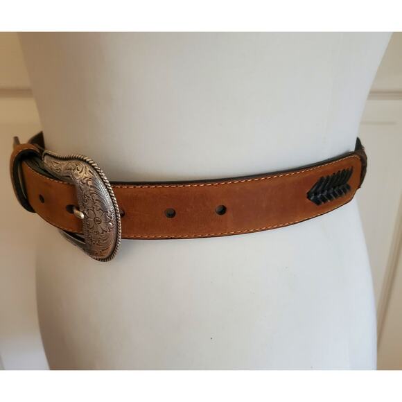 Nocona Tan Brown Leather Western Belt Braided Concho Silver Tooled Buckle Sz 26 - Picture 5 of 12